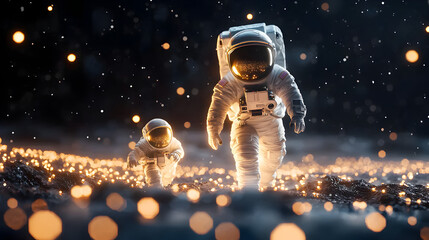 Two astronauts in full gear exploring a glowing, rocky extraterrestrial surface under a starry sky.
