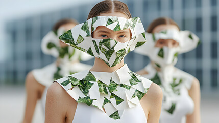 Models wear avant-garde white outfits and matching geometric masks featuring green leaf patterns, set against a blurred urban background.