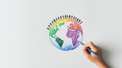 Global unity in a child's grasp: A vibrant, hand-drawn depiction of a globe encompassed by diverse figures, symbolizing global community and interconnectedness, emphasized by a child's touch.
