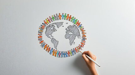 Hand drawing a globe surrounded by diverse colorful human figures holding hands, symbolizing global unity and inclusiveness.