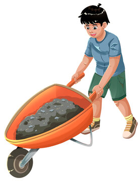 Boy Pushing Wheelbarrow During Gotong Royong Illustration