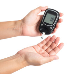 A person is using a glucose meter to check their blood sugar level, showing a reading of 78.
