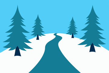 Winter Wonderland Serene Winding Road Through Snowy Landscape with Evergreen Trees