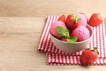 Refreshing sorbet, strawberries and mint on wooden table, closeup. Space for text