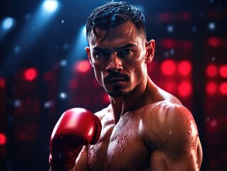 "Focused Boxer in Ring Under Dramatic Lights Ready for Championship Fight"