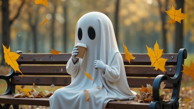 Cute ghost character drinking coffee on a bench with autumn leaves swirling around on a blurred park background. Whimsical Halloween atmosphere