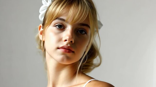 Young woman with blonde hair styled in a ponytail enjoying a moment of contemplation in a bright, minimalist indoor setting featuring soft natural light