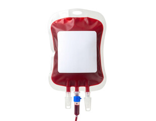 A red blood bag with tubing and connectors designed for blood transfusion or storage.