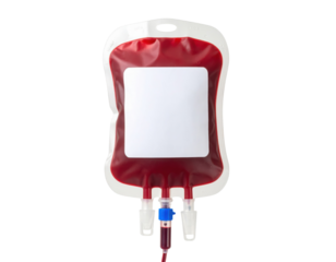 A red blood bag with tubing and connectors designed for blood transfusion or storage.