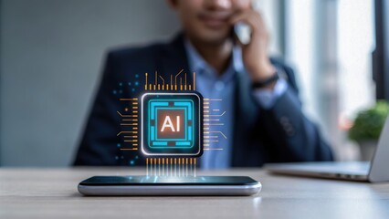 businessman using laptop, Confident male manager browsing internet on laptop, Cheerful executive using AI chatbot, Manager interacting with AI chatbot, smart application in working space