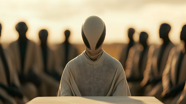 A futuristic figure with an alien-like head sits at a table, surrounded by shadowy humanoid silhouettes in a dim, minimalist setting.