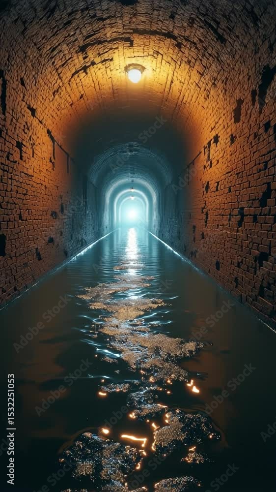 Poster flooded tunnel with brick walls and light at the end ideal for mystery adventure