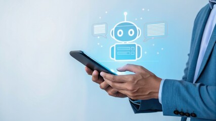 businessman using smartphone, Confident male manager browsing internet on mobile phone, Cheerful executive using AI chatbot, Manager interacting with AI chatbot, smart application in working space