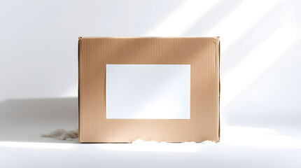 A close-up of a brown cardboard box with a blank white label.
