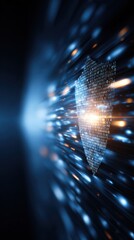 A cutting-edge cybersecurity concept showcasing an abstract shield, digital matrix, and glowing code streams in a high-tech blue tone.