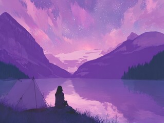 A serene camping scene featuring a woman alone by a mountain lake, her tent softly illuminated under a stunning starry sky.