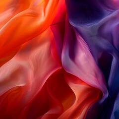 Abstract close-up of colorful fabric folds under dramatic directional lighting, silky textures, saturated colors like orange, pink and indigo, visual rhythm and shadow play, textile-focused editorial 