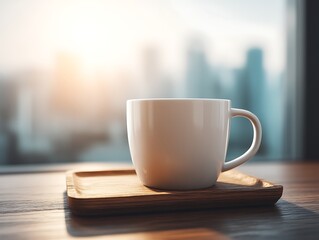 Obraz premium Morning coffee cup on wooden tray with blurred cityscape background during sunrise.