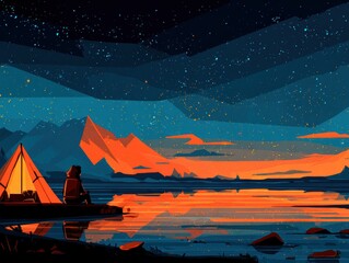 A woman enjoys solitude while camping next to a tranquil mountain lake, with a glowing tent under a starry sky and moonlit reflections.