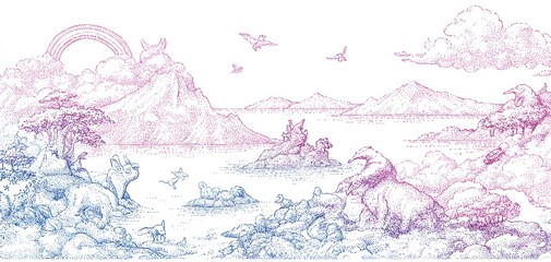 A whimsical and dreamy illustration featuring animal-shaped clouds and pastel rainbows bridging enchanting islands in a serene sky.