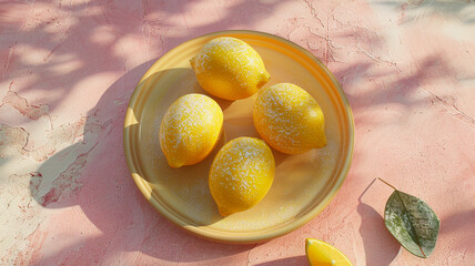 Clean top-down 3D render or photo of fresh lemons scattered on a pastel surface, three arranged neatly in a ceramic plate, soft daylight, smooth shadows, modern minimalist food styling, commercial loo