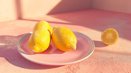 Clean top-down 3D render or photo of fresh lemons scattered on a pastel surface, three arranged neatly in a ceramic plate, soft daylight, smooth shadows, modern minimalist food styling, commercial loo