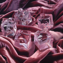 
Close-up abstract image of melting ice cubes on rose-colored velvet fabric, detailed texture, moody ambient lighting, surreal and luxurious contrast, artistic still life composition

