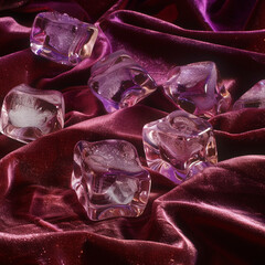 
Close-up abstract image of melting ice cubes on rose-colored velvet fabric, detailed texture, moody ambient lighting, surreal and luxurious contrast, artistic still life composition

