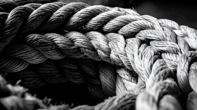 Close-up of intertwined thick white rope creating a textured coiled pattern, with a shallow depth of field highlighting the detailed fibers