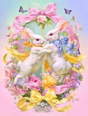 Charming pastel bunnies joyfully dance around a colorful Maypole, adorned with ribbons, butterflies, and beautiful blossoms.