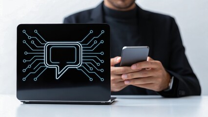 businessman using smartphone, Confident male manager browsing internet on mobile phone, Cheerful executive using AI chatbot, Manager interacting with AI chatbot, smart application in working space