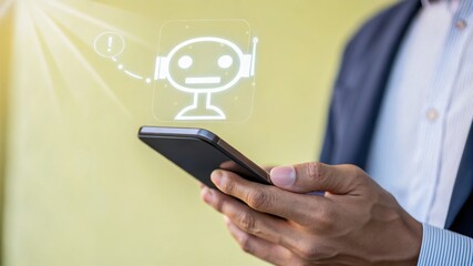 businessman using smartphone, Confident male manager browsing internet on mobile phone, Cheerful executive using AI chatbot, Manager interacting with AI chatbot, smart application in working space