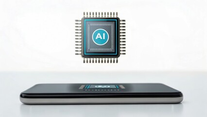 microchip labeled "AI" hovers above smartphone, symbolizing artificial intelligence integration in mobile technology.