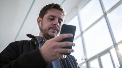 businessman using smartphone, Confident male manager browsing internet on mobile phone, Cheerful executive using AI chatbot, Manager interacting with AI chatbot, smart application in working space