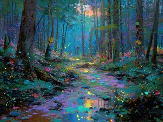 Explore a magical forest trail adorned with pastel signs, sparkling footprints, and soft glowing orbs illuminating the enchanting path.