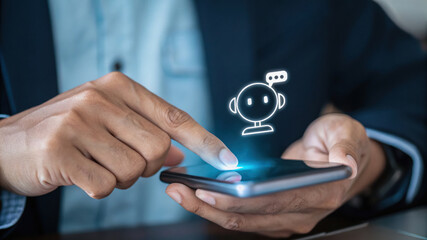 businessman using smartphone, Confident male manager browsing internet on mobile phone, Cheerful executive using AI chatbot, Manager interacting with AI chatbot, smart application in working space