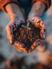 Hands cradling rich soil with a small sprouting plant symbolize hope for the environment in earthy tones and soft light.