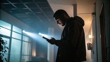 businessman using smartphone, Confident male manager browsing internet on mobile phone, Cheerful executive using AI chatbot, Manager interacting with AI chatbot, smart application in working space