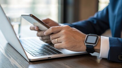 businessman using smartphone, Confident male manager browsing internet on mobile phone, Cheerful executive using AI chatbot, Manager interacting with AI chatbot, smart application in working space