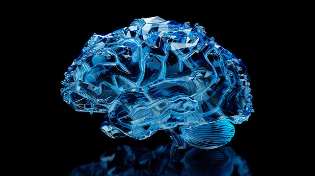 Realistic 3D render of a human brain with glowing neural pathways, soft blue ambient light, floating digital particles, high-tech medical concept, dark background with light gradients

