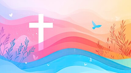 Religious Cross Graphic with Pastel Colors and Nature Elements