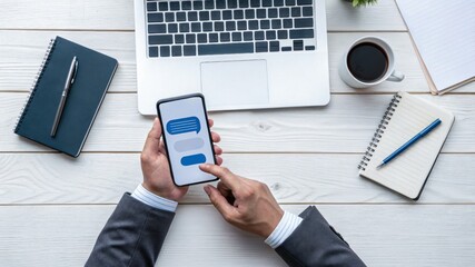 Confident male manager browsing internet on mobile phone, Cheerful executive using AI chatbot, businessman using smartphone, Manager interacting with AI chatbot, smart application in working space