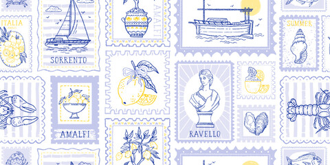 Italian summer stamp seamless pattern. Italy postcard with lemon statue boat. Amalfi beach background. Sea vintage print. Italy summer bg. Post stamp border. Seamless postage vector with Amalfi coast