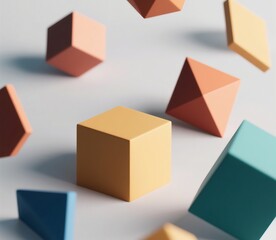 Generative ai image of 3D geometric shapes floating on light background, soft shadows