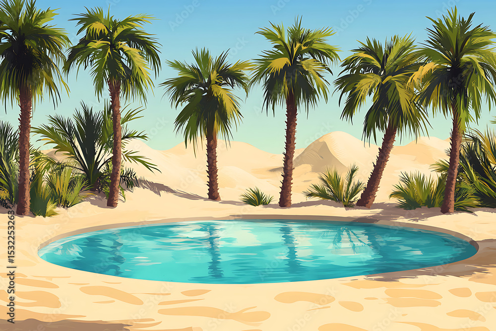 Poster serene oasis surrounded by palm trees in a desert landscape with soft sand dunes in the background
