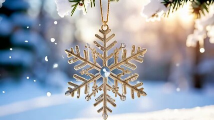 Elegant golden snowflake ornament hanging from a pine branch in a snowy winter forest with bokeh sunlight - Powered by Adobe