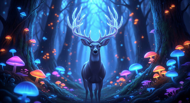 Deer with glowing antlers stands in enchanted forest, surrounded by luminous mushrooms, conveying fantasy, magic, and mystery