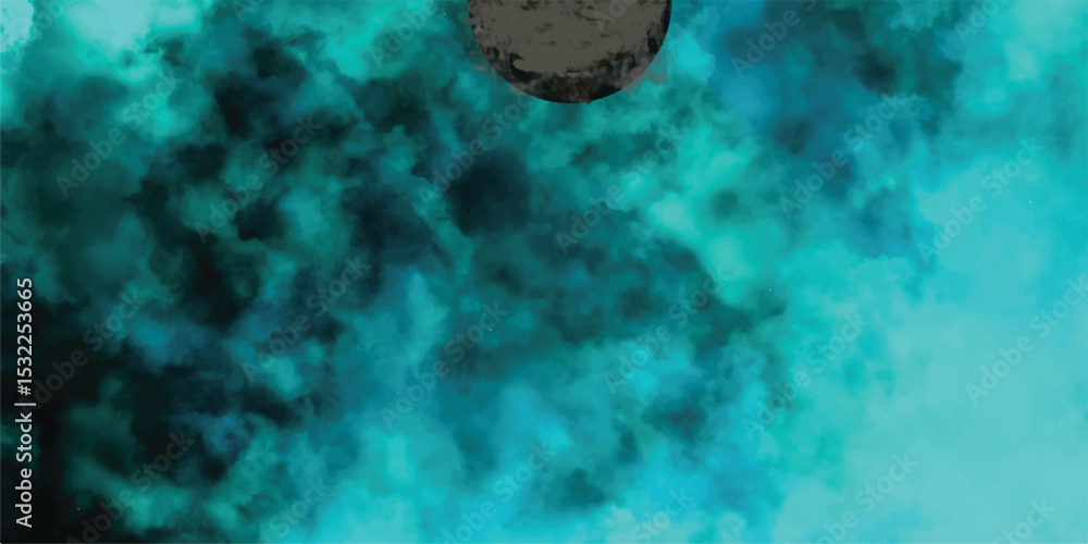 Poster abstract painting of textured aqua and teal clouds with a dark textured sphere floating in a dreamy 