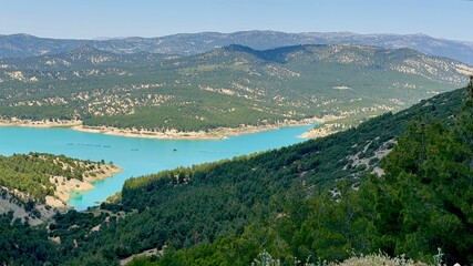Dreamy aerial view of Korkuteli's hidden lake &mdash; a perfect spot for wanderlust, relaxation. Water reservoir, mountain lake