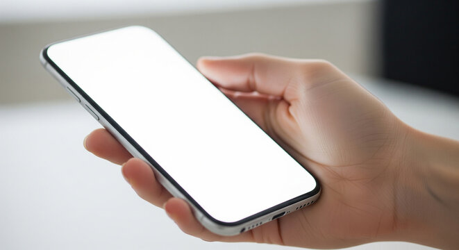 Close-up of a hand holding a smartphone with a blank white screen